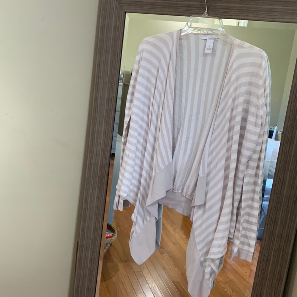 White and cream striped, light weight cardigan. Size M. Brand Lucy and Laurel